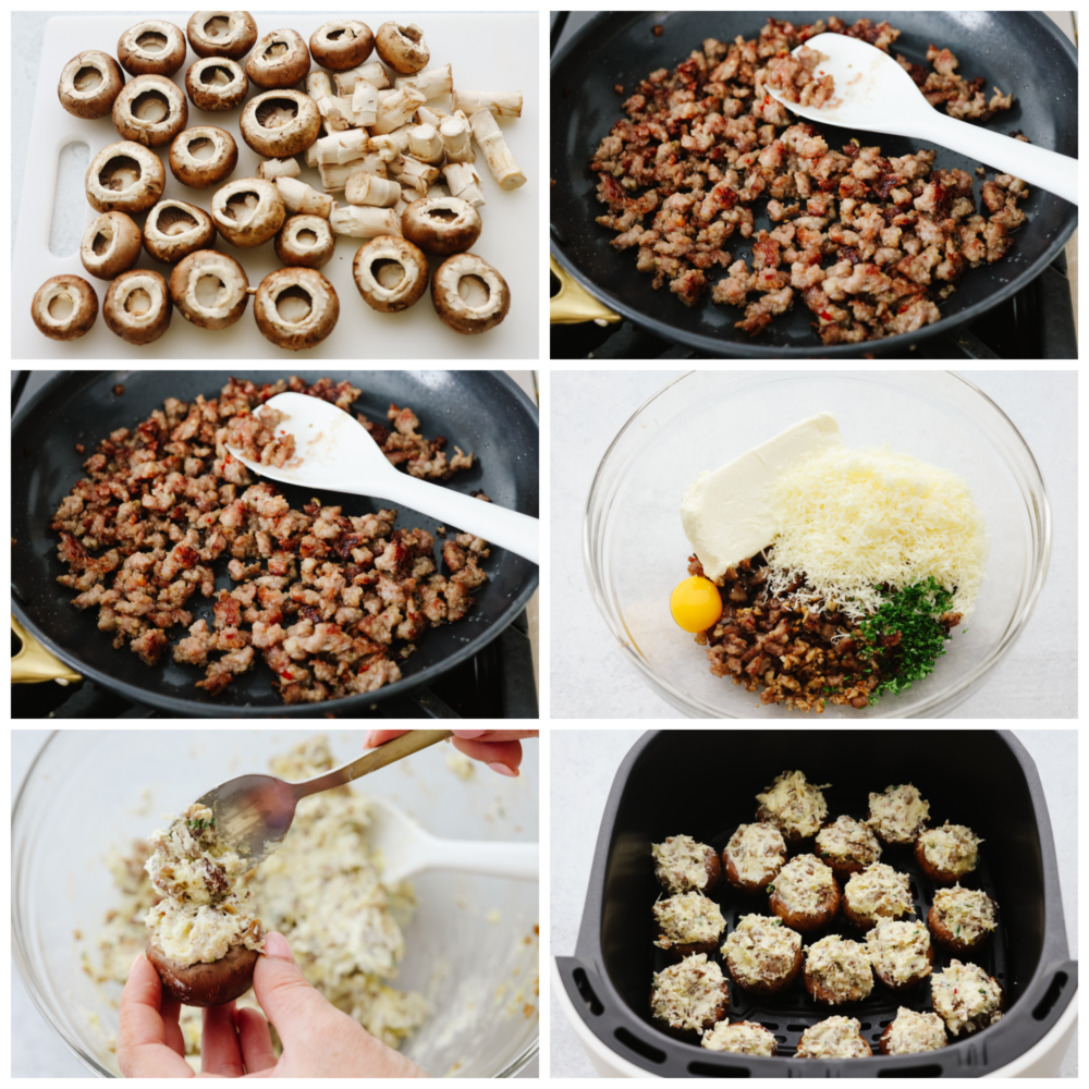 The perfect bite-sized appetizer, air fryer sausage stuffed mushrooms are hearty and meaty with a flavorful sausage filling your family won't be able to get enough of! They work great as both an appetizer and a side dish to complement your favorite meals! 6-photo collage of mushrooms and filling being prepared.