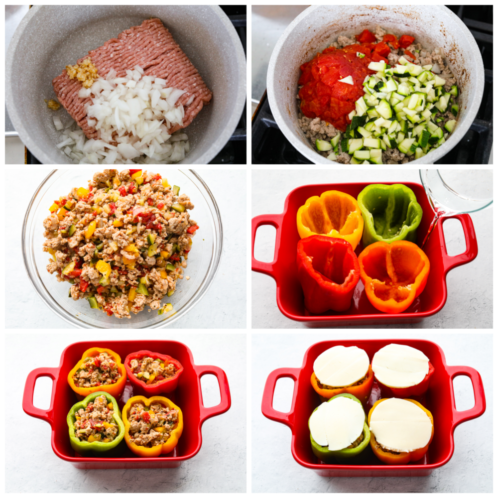 Turkey stuffed peppers combine ground turkey, tons of vegetables, and pepper jack cheese into a satisfying and healthy low-carb meal. Jumpstart your healthy eating habits with these oh-so-delicious stuffed peppers! 6-photo collage of turkey being browned and seasoned, then added to peppers and topped with a slice of cheese.
