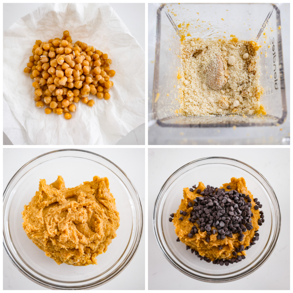 Who needs actual cookie dough when you can have chickpea cookie dough? It's the guilt-free treat that will have you feeling like a million bucks! 4-photo collage of chickpeas being blended and mixed together with the other ingredients.